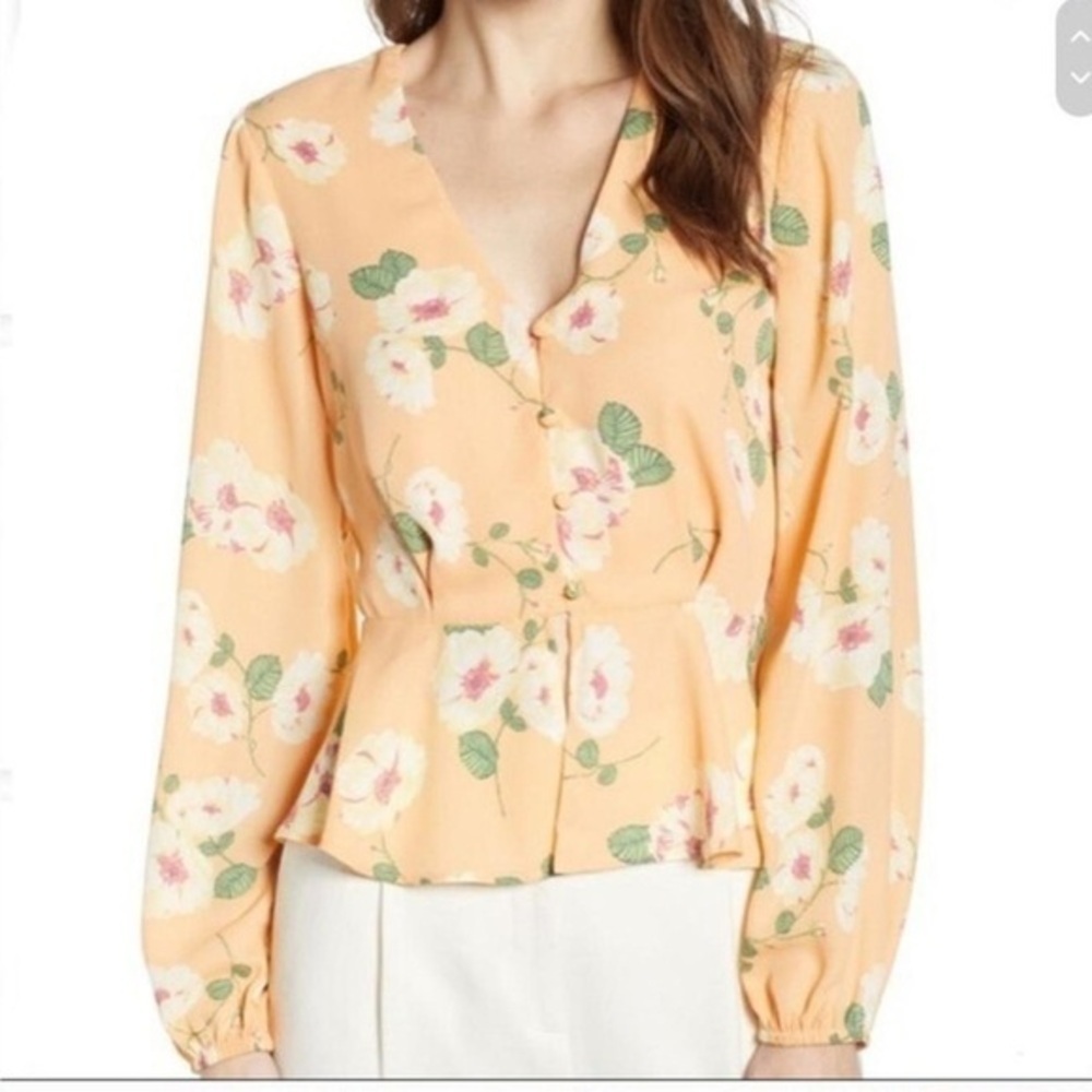 Leith Orange Peplum Blouse with Notched Collar and Long Sleeves